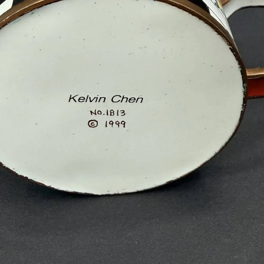 KELVIN CHEN 1999 Enamel Teacup Hand Painted Decorative Mini Teapot No. 1813
